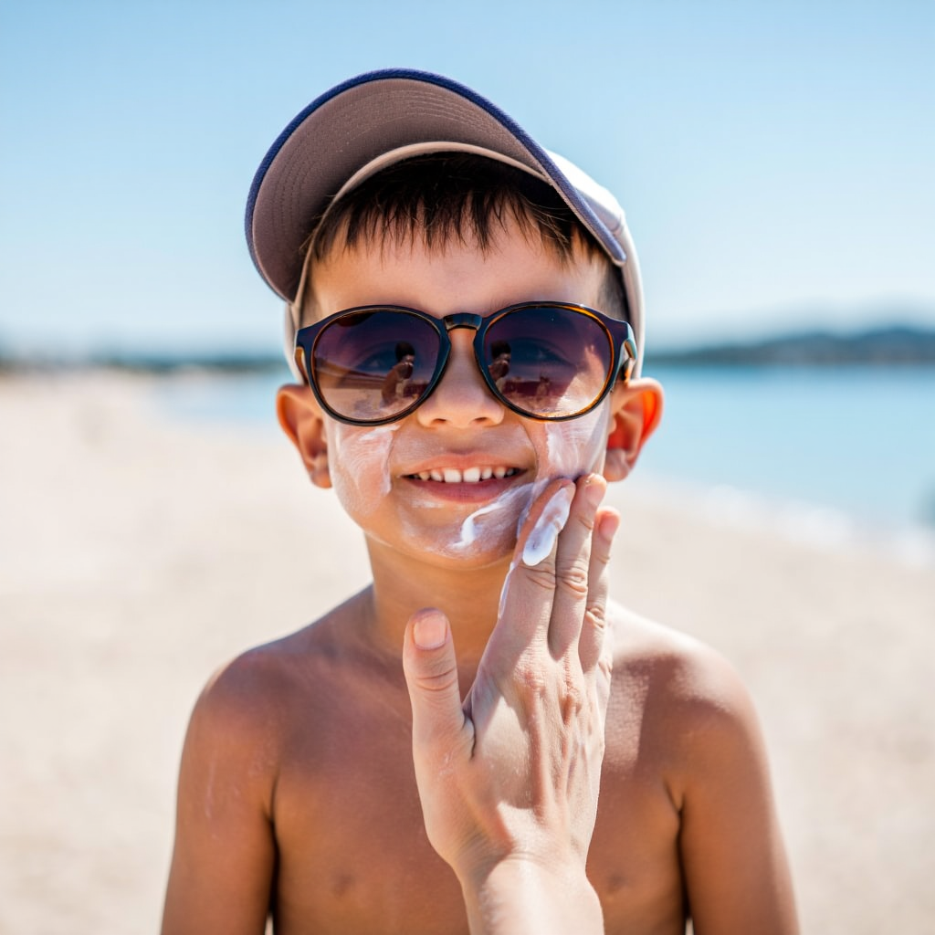 Niño con gafas y gorra evitando el sol