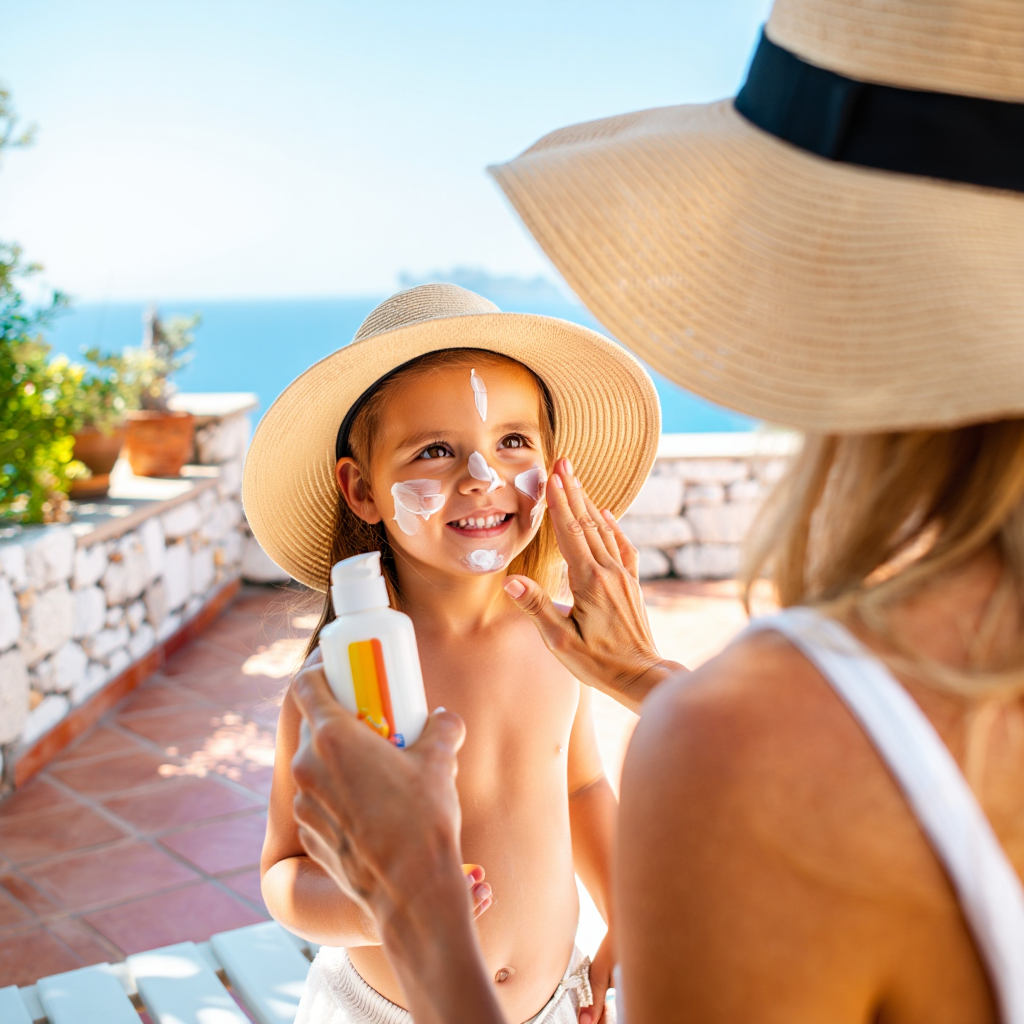 Aplicando crema solar en la cara de un niño
